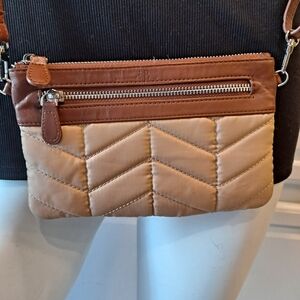 Mighty Purse Handbag Butler Elegant Sleek Tan and Brown Quilted Crossbody Bag
